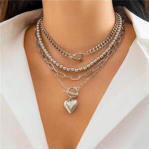 Chunky Layered Silver Tone Necklace Set Paperclip Chain Heart Pendant Jewelry